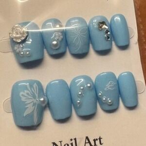 Baby Blue Press On Nails‎ Flower Pearl Art False Nail Set Elegant